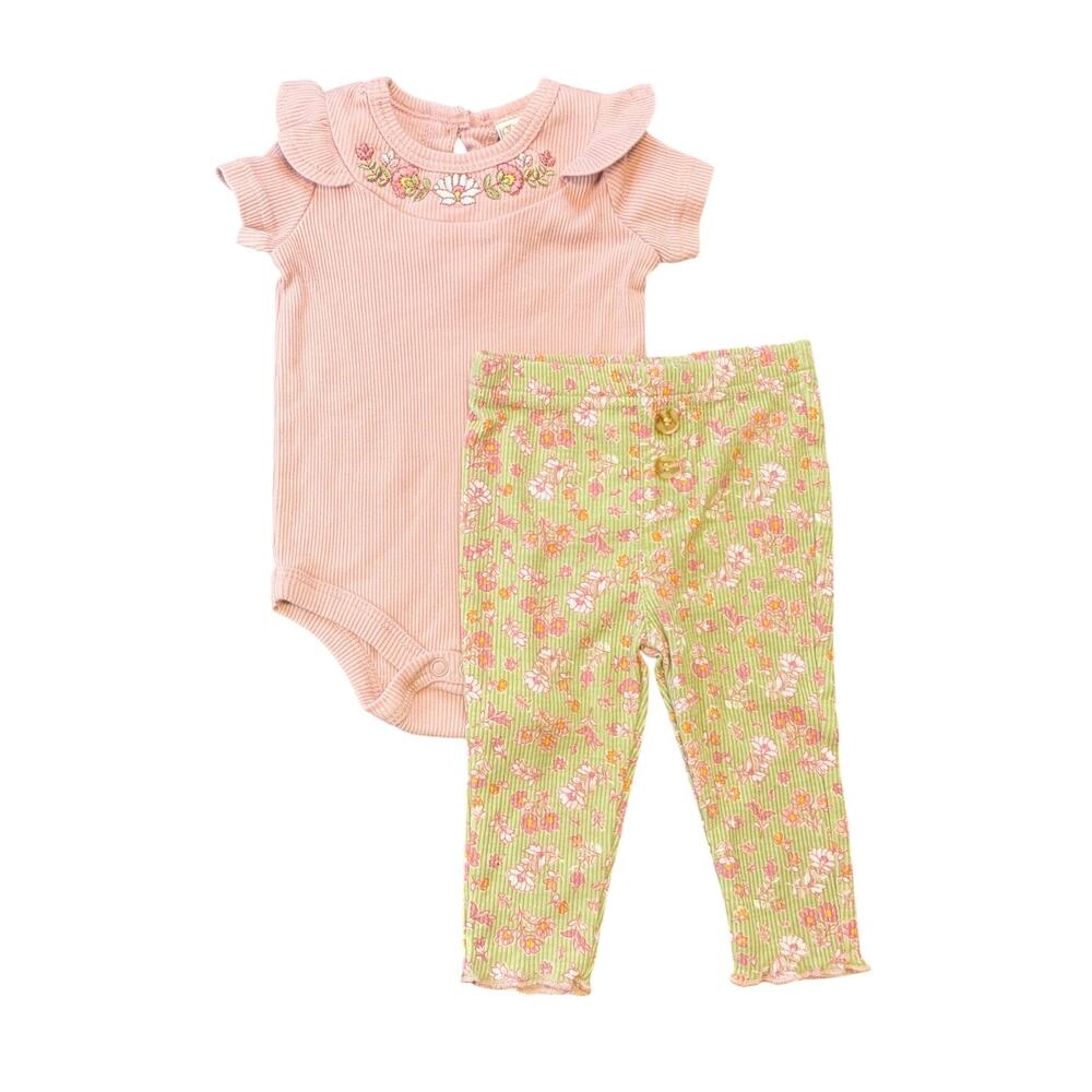 Daisy Fuentes Baby Girls Green Floral 2 Piece Outfits Set Pants Top Size 3-6M - Picture 1 of 8